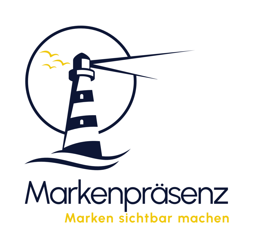 Logo Markenpraesenz. Ein Leuchtturm mit drei Moewen und dem Schriftzug Markenpraesenz, Marken sichtbar machen.