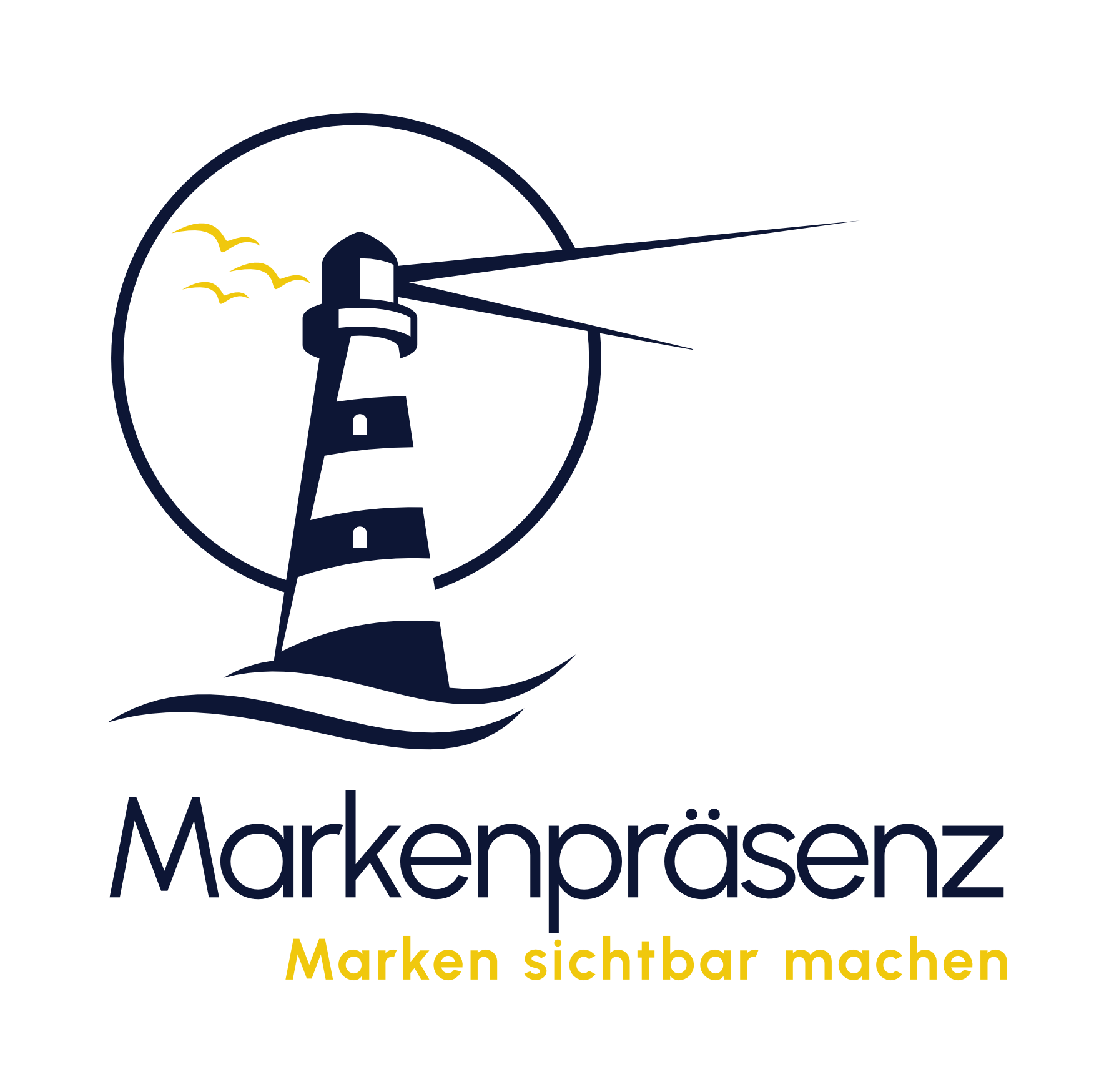 Logo Markenpraesenz. Ein Leuchtturm mit drei Moewen und dem Schriftzug Markenpraesenz, Marken sichtbar machen.