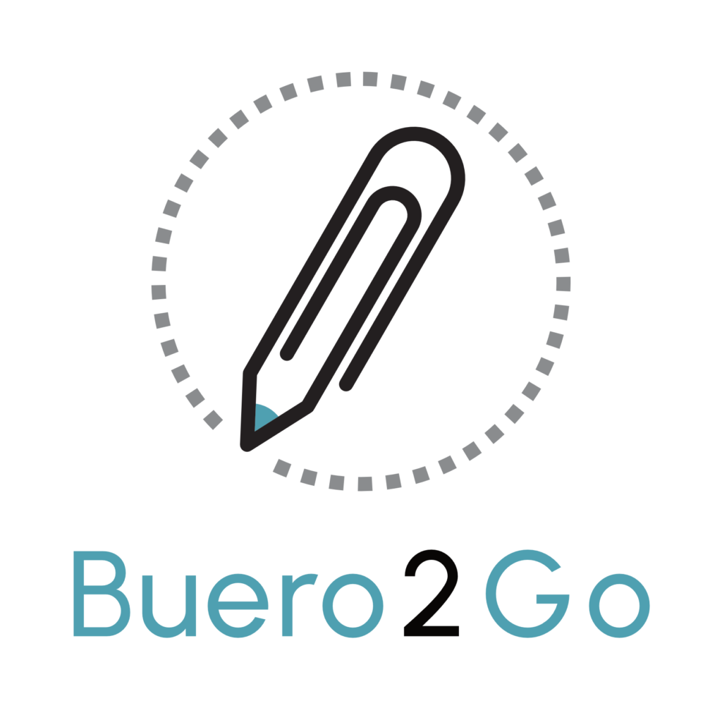 Logo buero2go. Ein Bleistift in der Form einer Bueroklammer in einem gepunkteten Kreis.