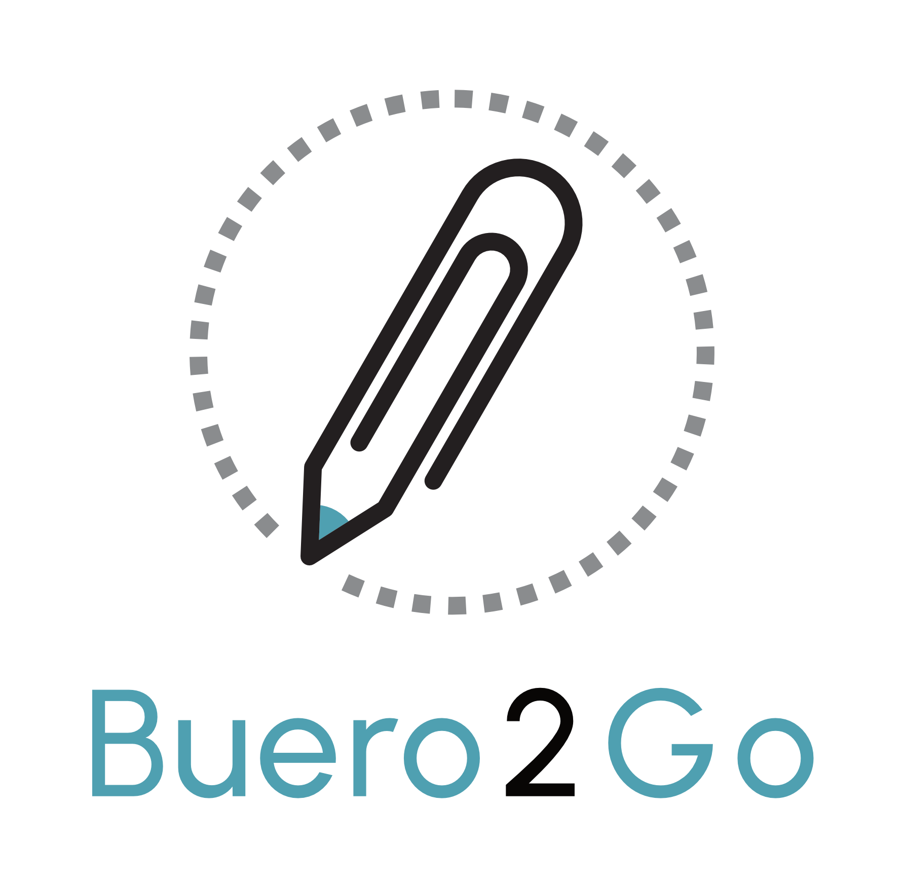 Logo buero2go. Ein Bleistift in der Form einer Bueroklammer in einem gepunkteten Kreis.
